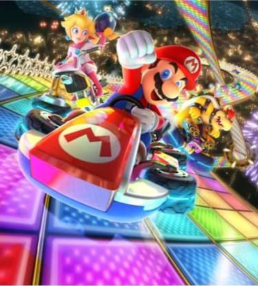 Screenshot from Mario Kart 8 game showing Mario character on a vehicle with a colorful background